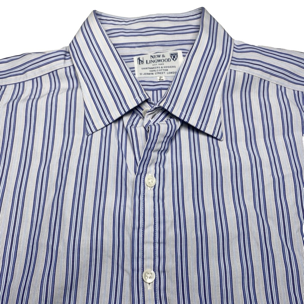New Lingwood Dress Shirt 17 French Cuff Blue Stripe SHORT SLEEVES